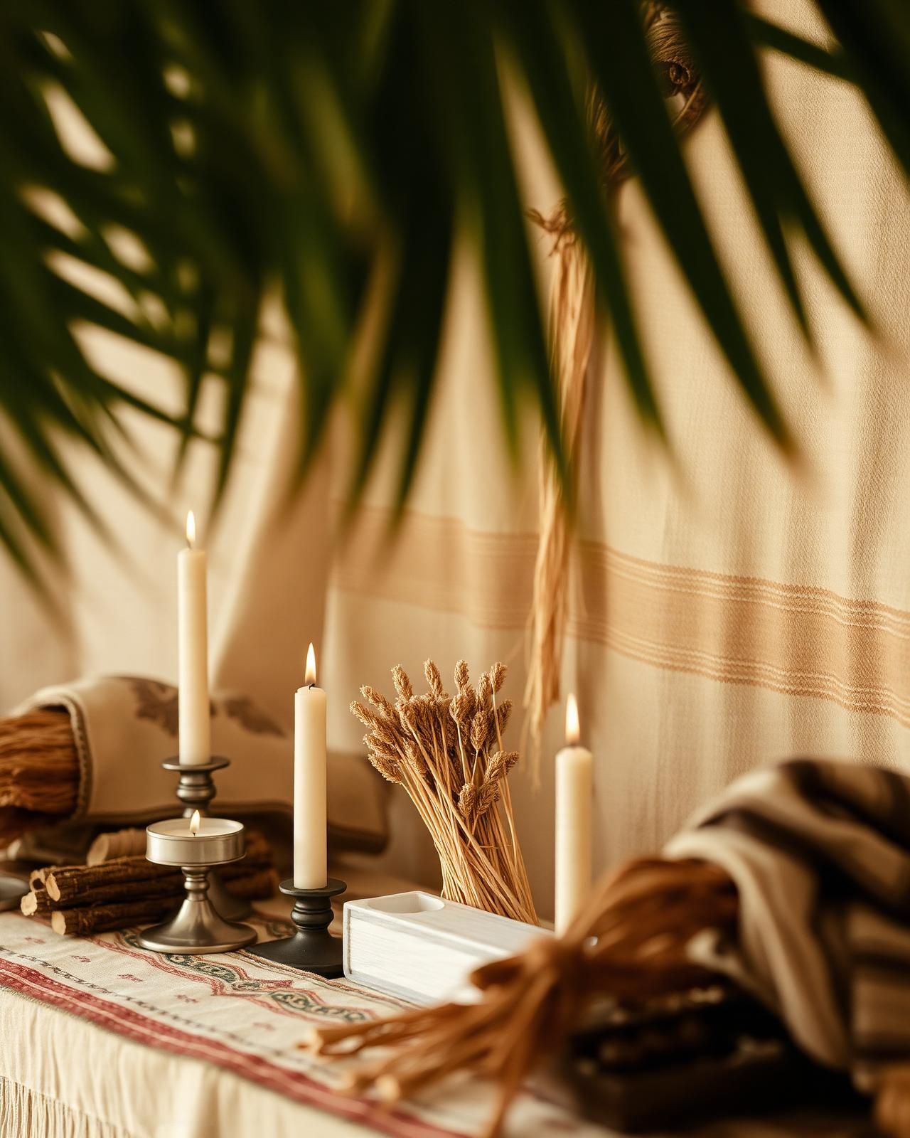 A ceremonial altar with candles and dried botanicals