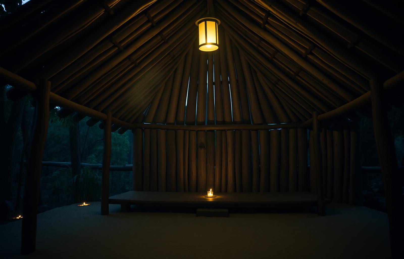Open-air maloca ceremony space at dusk