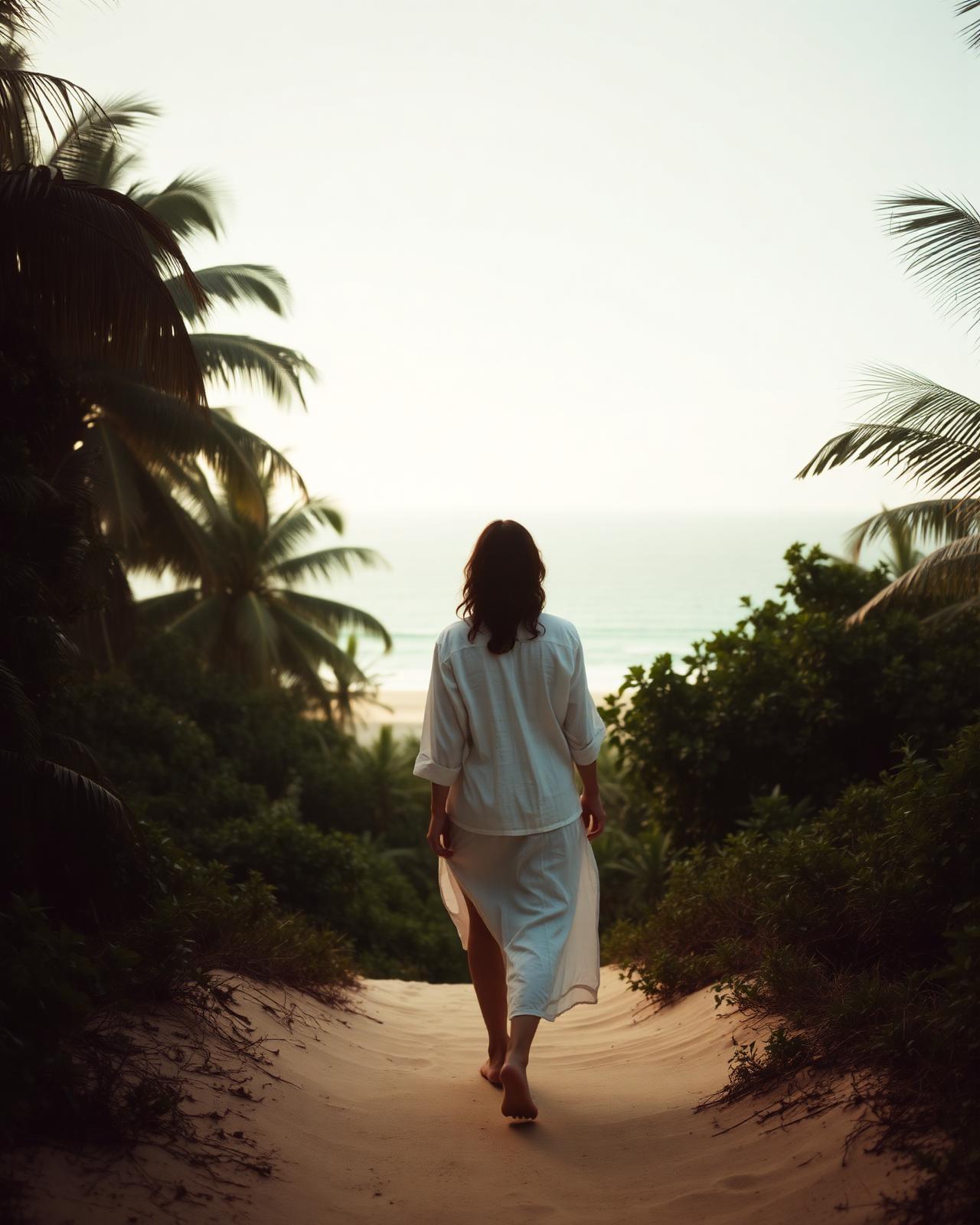 A guest walking a sandy path toward the ocean